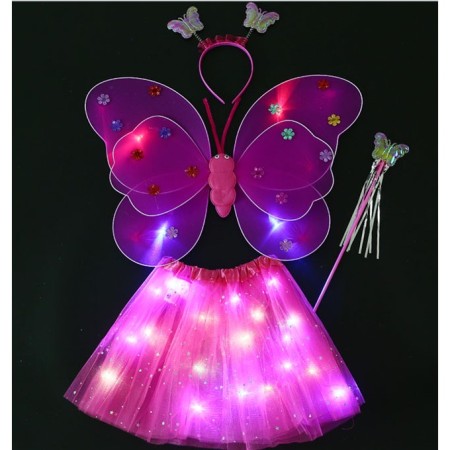 Costum Fluturas cu Aripi Modelabile Luminoase pentru Copii, Flippy, Fusta din Tul cu Lumini, Bagheta si Bentita, 4 piese, Pentru Halloween, Cosplay, Craciun, Carnaval, Paste, Ziua Copilului, Bumbac/Poliester, Marime universala, Roz-Rosu