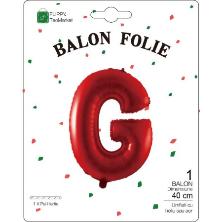 Balon Folie Metalizata Litera G, Flippy, 40 cm, Umflati cu Heliu sau Aer, Ambalaj Individual, Pai inclus, Rosu