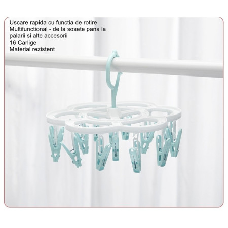 Uscator de Rufe Suspendat Flippy, cu 16 Carlige, Rotire 360 Grade, Mateiral Plastic, Usor de Depozitat, Multifunctional, 26 x 21 cm, Albastru