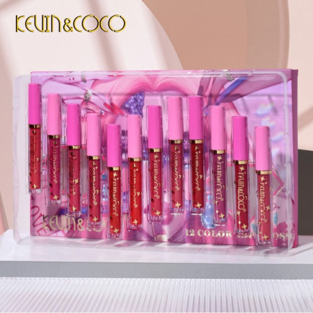 Set 12 Lip Gloss Kevin&Coco, nuante de rosu si rose, cutie dreptunghiulara, 26.5x16.5x2.2 cm, 200 g, multicolor