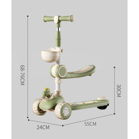 Trotineta Multifunctionala 3 in 1, Flippy, pentru Copii, 1-7 Ani, cu Lumini si Muzica, Reglabil 360, Pliere Usoara, Reglarea Inaltimii, Model Dinozaur, Bej/Verde