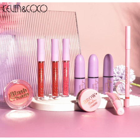 Set 13 piese cosmetice Kevin&Coco, 6 Lip Gloss, 2 Gloss drip, Ceara sprancene, Crema blus, Creion , paleta farduri 50 culori nuante rose/nude/maro, cutie patrata, multicolor