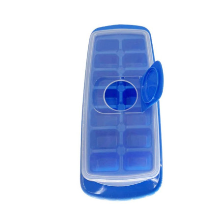 Forma pentru cuburi de gheata Flippy, 14 cuburi, reutilizabil, plastic alimentar, cu capac, orificiu umplere, dreptunghiulara, 29.5 x 12.5 x4 cm, albastru