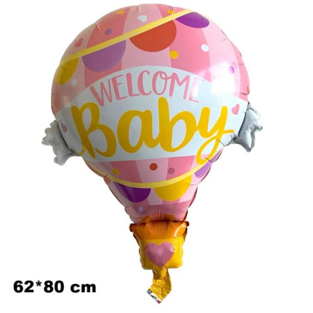 Balon din Folie Metalizata, Flippy, Mini Figurine, Model Balon cu Aer Cald Fetita, Tematica Welcome Baby, 80x62 cm, Ambalaj Individual, Pai Inclus, Umflare cu Aer sau Heliu, Roz