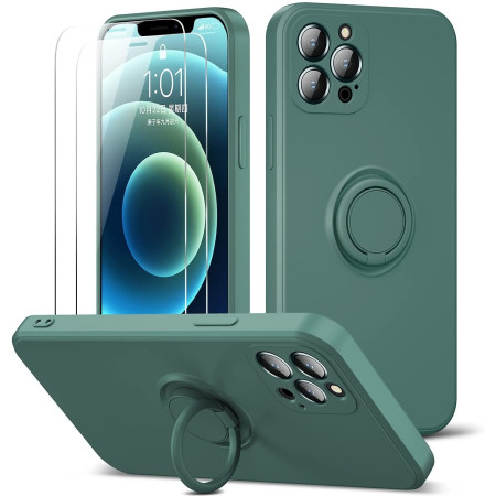 Husa protectie Flippy compatibila cu Apple iPhone 12 Pro Liquid Silicone Ring cu suport rotativ Verde