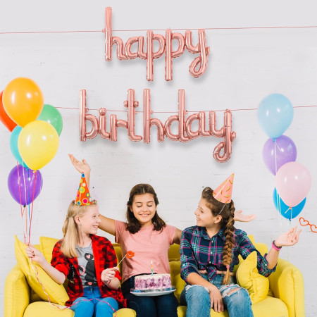 Set Baloane din Folie Metalizata, Flippy, Model Happy Birthday, 45x85 cm, 45x124cm, Baloane Party, Ambalaj Individual, Pai Inclus, Umflare cu Aer sau Heliu, Roz Pal