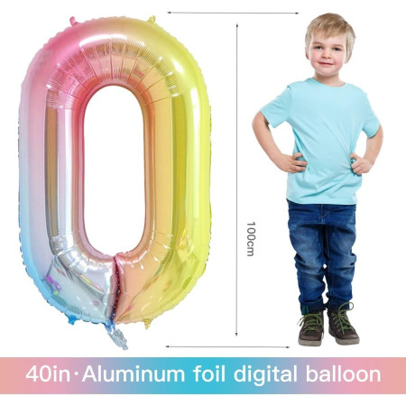 Balon din Folie Metalizata Gradient Flippy, Figurina Cifra, Tema Aniversare 100 cm, Ambalaj Individual, Pai inclus, Umflare cu Aer sau Heliu, Multicolor, Cifra 0