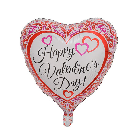 Balon din Folie Metalizata, Flippy, Figurina Inimioara, Model Happy Valentine's Day, Tematica Iubire, 45 cm, Ambalaj Individual, Pai Inclus, Umflare cu Aer sau Heliu, Rosu