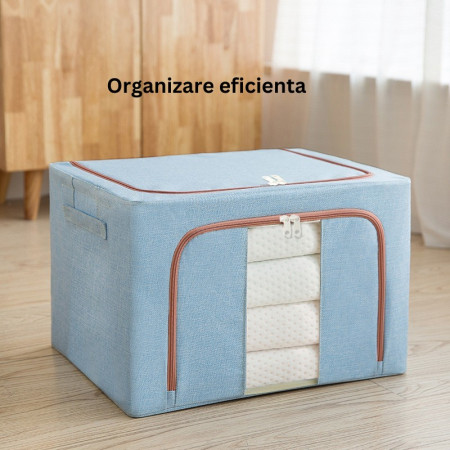 Cutie de Depozitare Pliabila, Flippy, 100 L, din Bumbac si In, 60x42x40 cm, 2 Ferestre, Frontala si Laterala, 2 Usi de Acces cu Fermoar Bidirectional, Cadru Metalic, Suport Baza Stabil din Plastic, Bleu