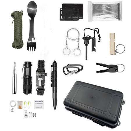 Kit supravietuire multifunctional Flippy, Instrumente profesionale, Agatatoare ghiozdan, pentru Camping, Drumetii, Aventuri in aer liber, negru