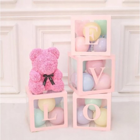 Set 4 Cutii pentru Baloane, Flippy, Model Scris Love, Tematica Iubire, Cuburi Decorative din Plastic, Accesorii pentru Petrecere, 30 x30 cm, Transparente Contur Roz