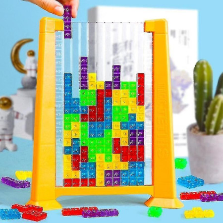 Joc de inteligenta Tetris puzzle tangram Flippy, 70 de piese multicolore, 3D, montessori, interactiv, din plastic, zar inclus, sac depozitare piese, varsta peste 6 ani, 23 x 19.8 x 5 cm, cadru galben