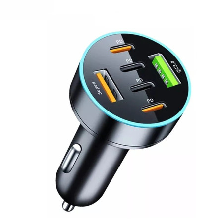 Incarcator Auto 6 in 1, Flippy, 2 x Port USB Fast Charge QC3.0 si 4 x Type C, PD 65W, Negru