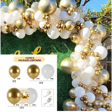 Set 127 Baloane din Latex, Flippy, Model Petrecere pentru Arcada, Baloane Party, 12 cm, 25 cm, 30 cm, Alb, Gold