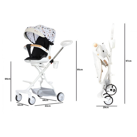 Carucior Sport Flippy 3in1, 6-36 Luni, Reversibil, Pliabil, Tavita pentru Masa, Pozitie de Somn, Centura de Siguranta, Roti 360, Suport Pahar, Copertina pentru Soare, 32x63x95cm, Bej Model Cosmos