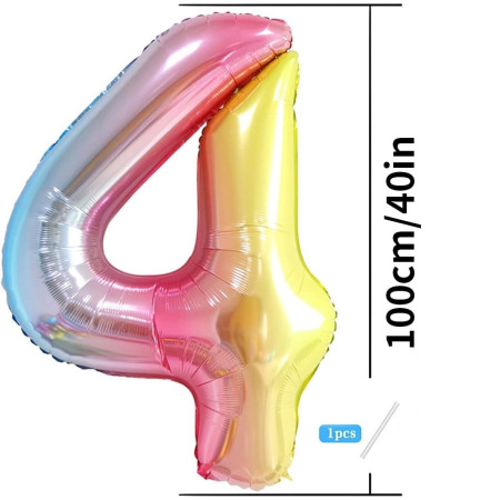 Balon din Folie Metalizata Gradient Flippy, Figurina Cifra, Tema Aniversare 100 cm, Ambalaj Individual, Pai inclus, Umflare cu Aer sau Heliu, Multicolor, Cifra 4