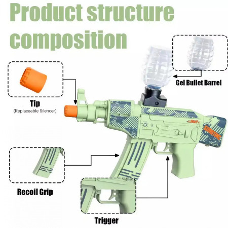 Mitraliera de jucarie electrica Flippy cu bile de hidrogen de gel, gun bluster, tragere in rafala, varsta peste 6 ani, ochelari de protectie,  5000 de bile incluse, cablu de incarcare, 28x31 cm, AK47, verde