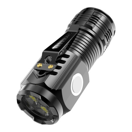 Lanterna cu 3 Nuclee Led, Flippy, Incarcare USB, Autonomie 4-20h, Raza Maxima 100-200 m, 5W, 4 x 4 x 9 cm, Suport de Agatat, Fund Magnetic, Negru