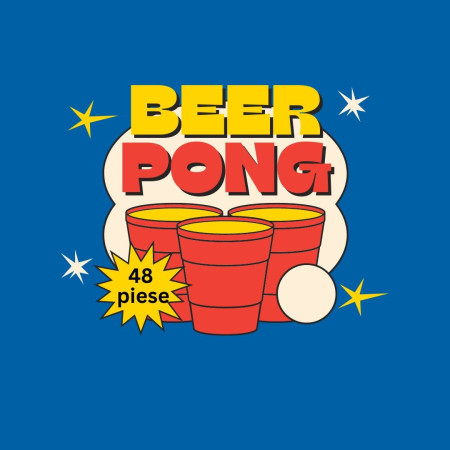 Joc de baut Beer Pong Flippy, 24 Pahare, 24 Mingi, material plastic, reutilizabil, portabil, rosu