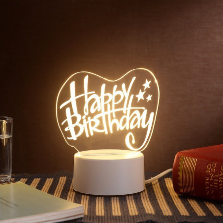 Lampa LED decorativa, Flippy, 3D, Happy Birthday, cu USB si baterii, 20 cm inaltime, din material acril, lumina multicolora si telecomanda inclusa, alb