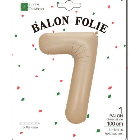 Balon din Folie Metalizata, Flippy, Figurina Cifra, Model 7, Tema Aniversare 100 cm, Ambalaj Individual, Pai Inclus, Umflare cu Aer sau Heliu, Crem