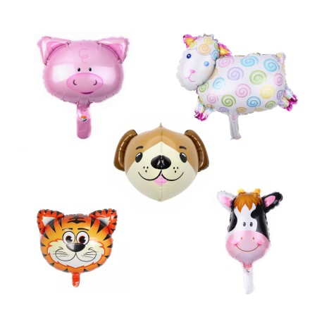 Set 5 Baloane Folie Metalizata, Flippy, Figurine Animale Domestice, 30 cm, Ambalaj Individual, Pai inclus, Umflare cu Aer sau Heliu, Multicolor