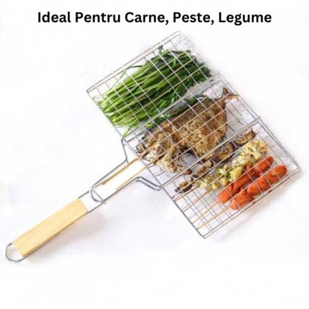 Gratar pentru Peste si Carne, Flippy, Suprafata Utila 32x19 cm, Otel Inoxidabil, cu Maner, Portabil, Argintiu