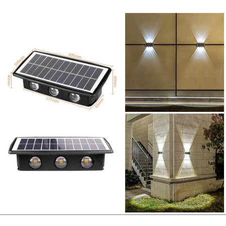 Lampa solara LED bidirectionala dreptunghiulara pentru perete Flippy, 20.5x10 cm, 6 LED-uri, 5.5V, ABS, 500mAh, rezistent la apa IP65, alb rece