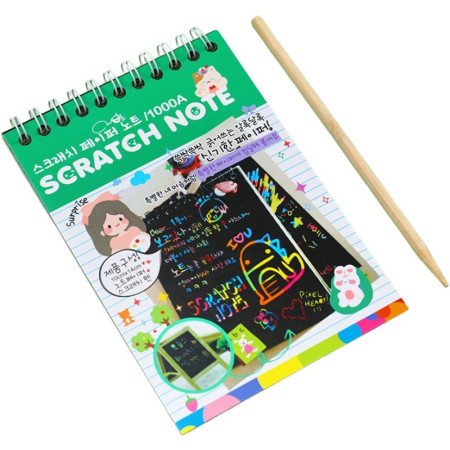 Caiet cu fise razuibile Flippy, DIY Magic Scratch, 12 File, Curcubeu, Creion din Lemn, Cartonase negre, 14.2 x 9.8 cm, Verde