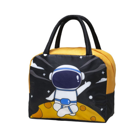 Geanta Termoizolanta pentru Copii, Flippy, 23x13x19 cm, Model Imprimeu Astronaut, din Folie de Aluminiu si Panza Oxford, Negru/Portocaliu