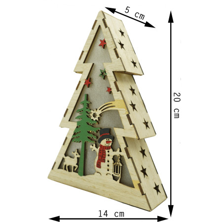 Decoratiune luminoasa, model de Brad cu Om de zapada, maro, lungime: 14 cm, latime: 5 cm, inaltime: 20 cm, lemn, interior/exterior