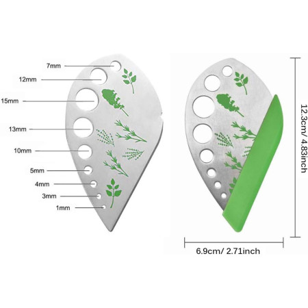 Tocator manual pentru ierburi Flippy, instrument de curatat frunze, margini ascutie, 9 gauri de diferite dimensiuni, multifunctional, material otel inoxidabil, maner ergonomic, rezistent la rugina, 12.3 x 6.9 cm, argintiu