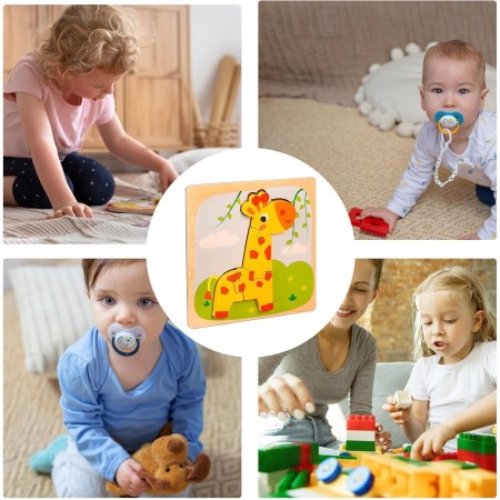 Puzzle Montessori din Lemn pentru Copii, Flippy, 3D, 0-3 Ani, Model Girafa, Educativ, Intuitiv, Creativ, 4 Piese, 15x15x0.5 cm, Multicolor