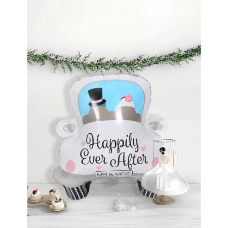 Balon din Folie Metalizata, Flippy, Figurina Masina, Model Nunta Happily Ever After, Tema Nunta, 60 x 63 cm, Ambalaj Individual, Pai Inclus, Umflare cu Aer sau Heliu, Alb