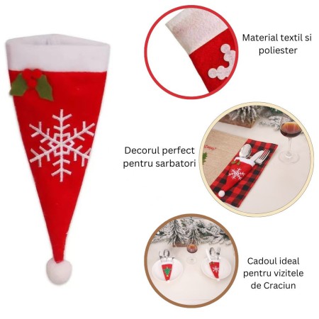 Husa decorativa festiva pentru 3 tacamuri Flippy, model caciulita cu fulg, material textil si poliester, 18 x 7 cm, rosu