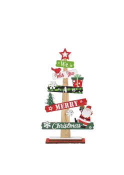 Decoratiune de Craciun din Lemn, Flippy, pentru Masa, Scris We Wish You A Merry Christmas, Model Bradut, 21.5x12.2x4 cm, Multicolor