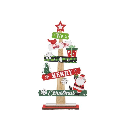 Decoratiune de Craciun din Lemn, Flippy, pentru Masa, Scris We Wish You A Merry Christmas, Model Bradut, 21.5x12.2x4 cm, Multicolor