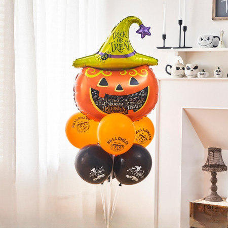 Set 5 Baloane din Folie Metalizata, Flippy, Figurine, Tema Halloween, Pai Inclus, Ambalaj Individual, Umflare cu Aer sau Heliu, Figurina Dovleac 54x87 cm, Stelute si Cerculete 45 cm, Multicolor