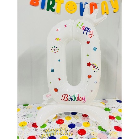 Balon din Folie Metalizata, Flippy, Figurina Cifra, Model 0 cu Happy Birthday Scris, Tema Aniversare 81 cm, Ambalaj Individual, Pai Inclus, Umflare cu Aer sau Heliu, Alb