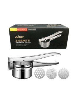 Presa pentru Fructe si Legume, Flippy, Zdrobitor Manual, Inox, 3 Discuri Interschimbabile, Usor de Stors si de Curatat, Ergonomic, Argintiu