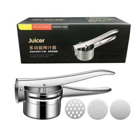 Presa pentru Fructe si Legume, Flippy, Zdrobitor Manual, Inox, 3 Discuri Interschimbabile, Usor de Stors si de Curatat, Ergonomic, Argintiu