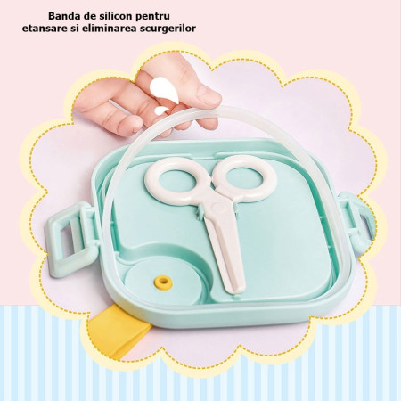 Caserola pentru copii Flippy, lunch box, 750 ml, doua boluri, lingura, foarfeca din plastic, rezistenta la scurgeri, Albastra