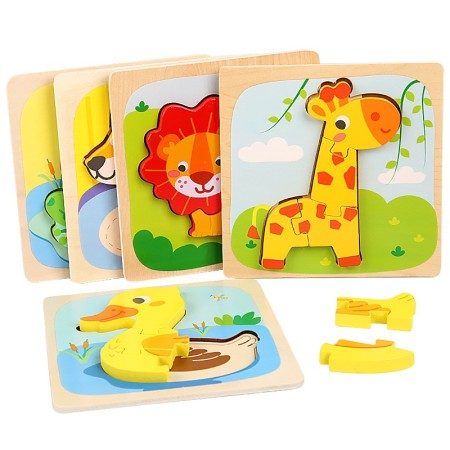 Puzzle Montessori din Lemn pentru Copii, Flippy, 3D, 0-3 Ani, Model Girafa, Educativ, Intuitiv, Creativ, 4 Piese, 15x15x0.5 cm, Multicolor