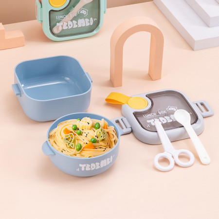 Caserola pentru copii Flippy, lunch box, 750 ml, doua boluri, lingura, foarfeca din plastic, rezistenta la scurgeri, Albastra