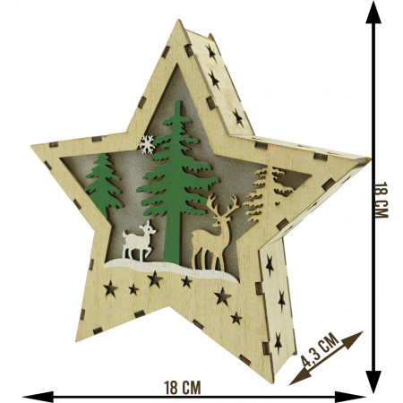 Decoratiune luminoasa, model de Stea cu Reni, maro, lungime: 18 cm, latime: 18 cm, inaltime: 4 cm, lemn, interior/exterior