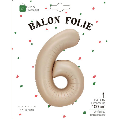 Balon din Folie Metalizata, Flippy, Figurina Cifra, Model 6, Tema Aniversare 100 cm, Ambalaj Individual, Pai Inclus, Umflare cu Aer sau Heliu, Crem