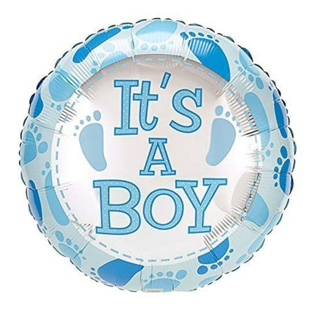 Balon din Folie Metalizata, Flippy, Figurina Rotunda, Model It's a Boy, Tema Gender Reveal, 45 cm, Ambalaj Individual, Pai Inclus, Umflare cu Aer sau Heliu, Albastru