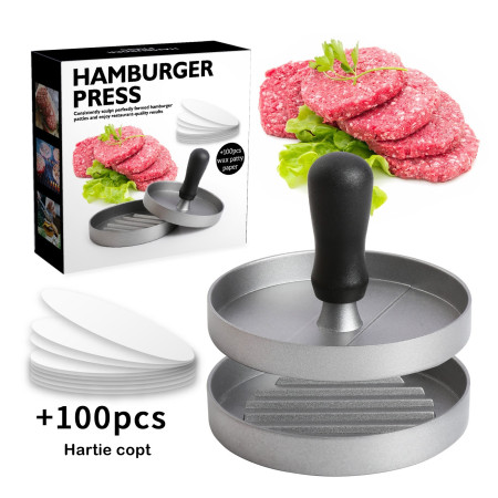 Presa manuala pentru burgeri Flippy, material ABS si aluminiu, forma si presa, usor de curatat si folosit, 11.7 x 8.5 cm, gri