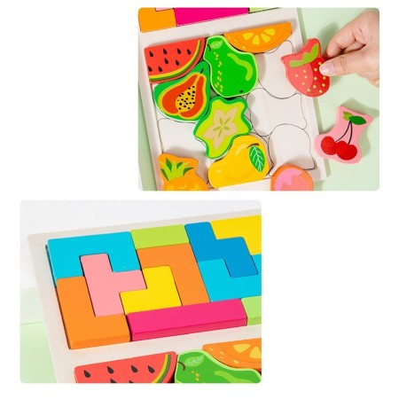 Puzzle Montessori din Lemn pentru Copii, Flippy, Tip Tetris 2in1 +3 Ani, cu Fructe Colorate 3D, Educativ, Intuitiv, Creativ, 21 de Piese, 28.5x17x1.2 cm, Multicolor