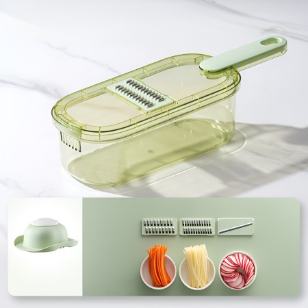 Feliator Multifunctional, Flippy, 3 in 1, pentru Fructe si Legume, 6 Piese, Maner, Lame de Inox, Recipient Stocare, Protectie Mana, ABS, 35x12x9.4 cm, Verde